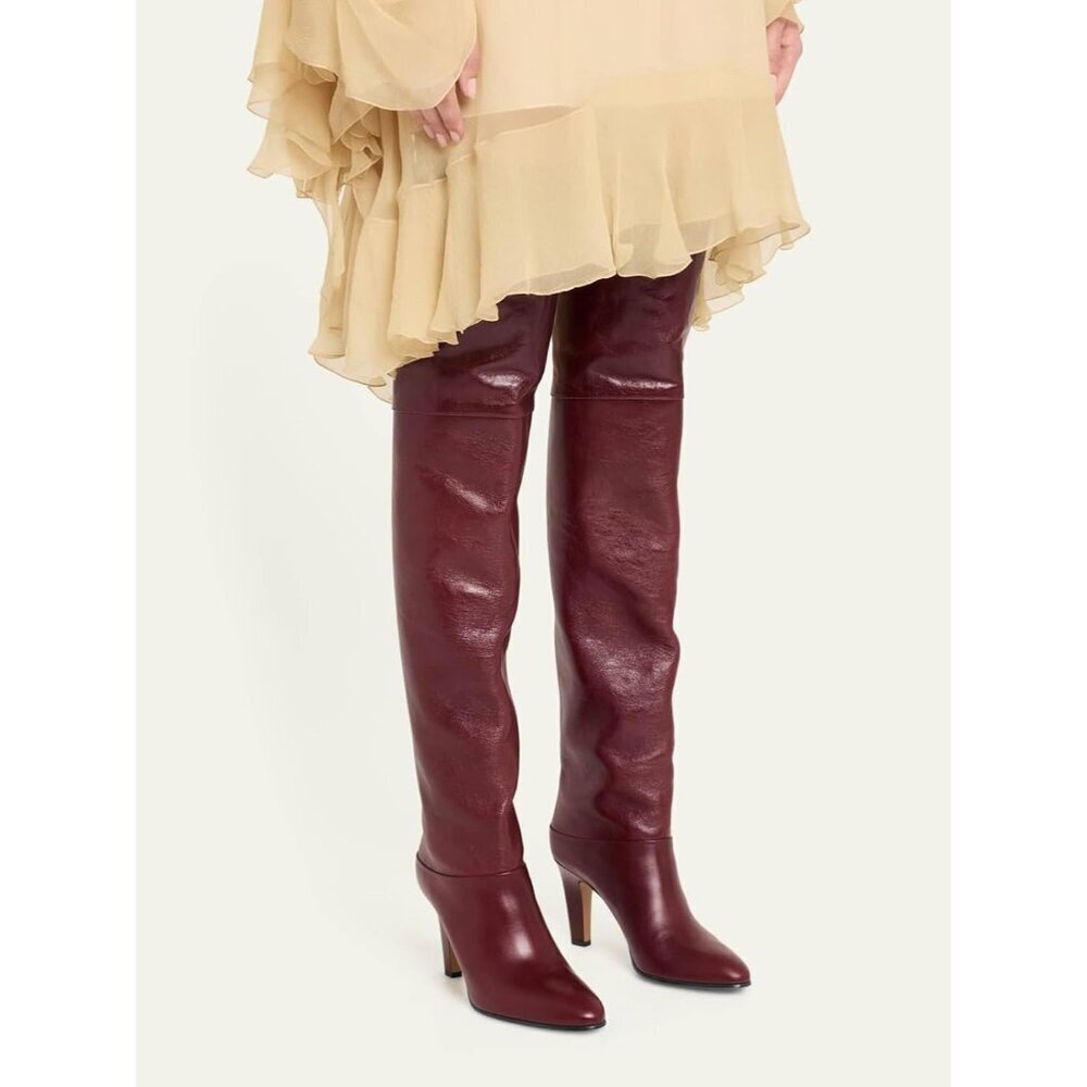 🆕Women Burgundy Synthetic Thigh High Pointed Toe Chunky Heel Over the Knee Boot - Picture 3 of 6